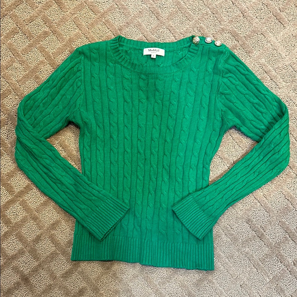 Green Cable Knit Sweater with gold shoulder button detail | Size L